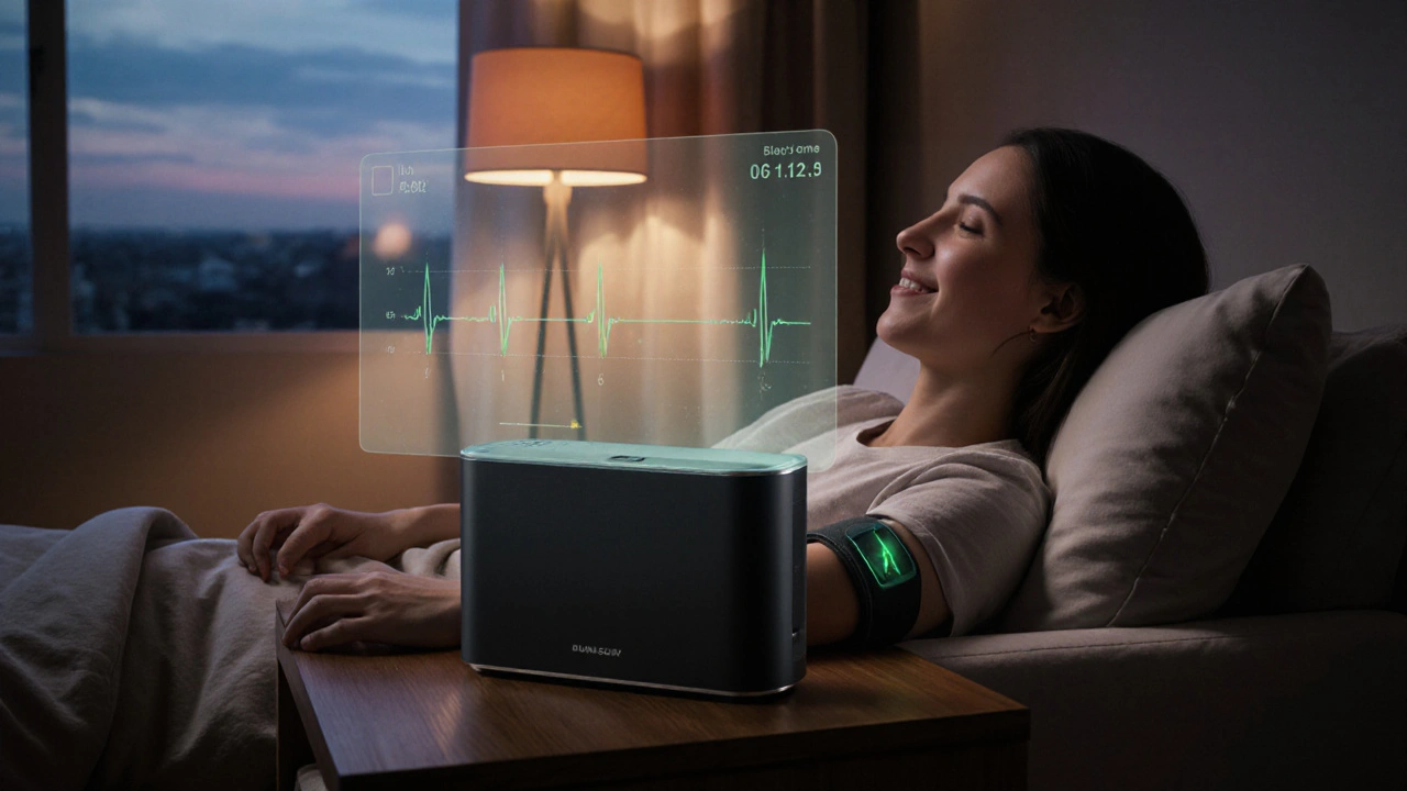 Domácí prostředí s přenosným vakuovým přístrojem a holografickým zobrazovačem biofeedbacku.