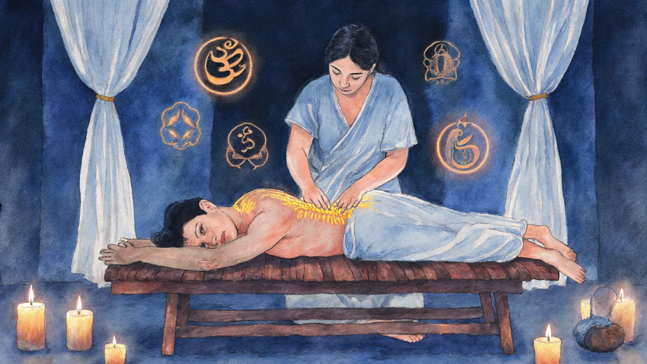 Masáž těla pomalými pohyby s teplým olejem podle ájurvédské tradice.