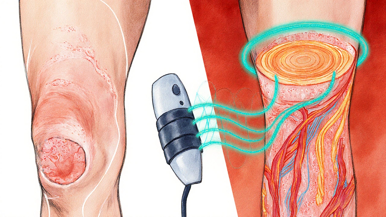 Rozdělený obrázek ukazuje rozšířené kapiláry a lymfatické cesty po terapii vakuovým zařízením.