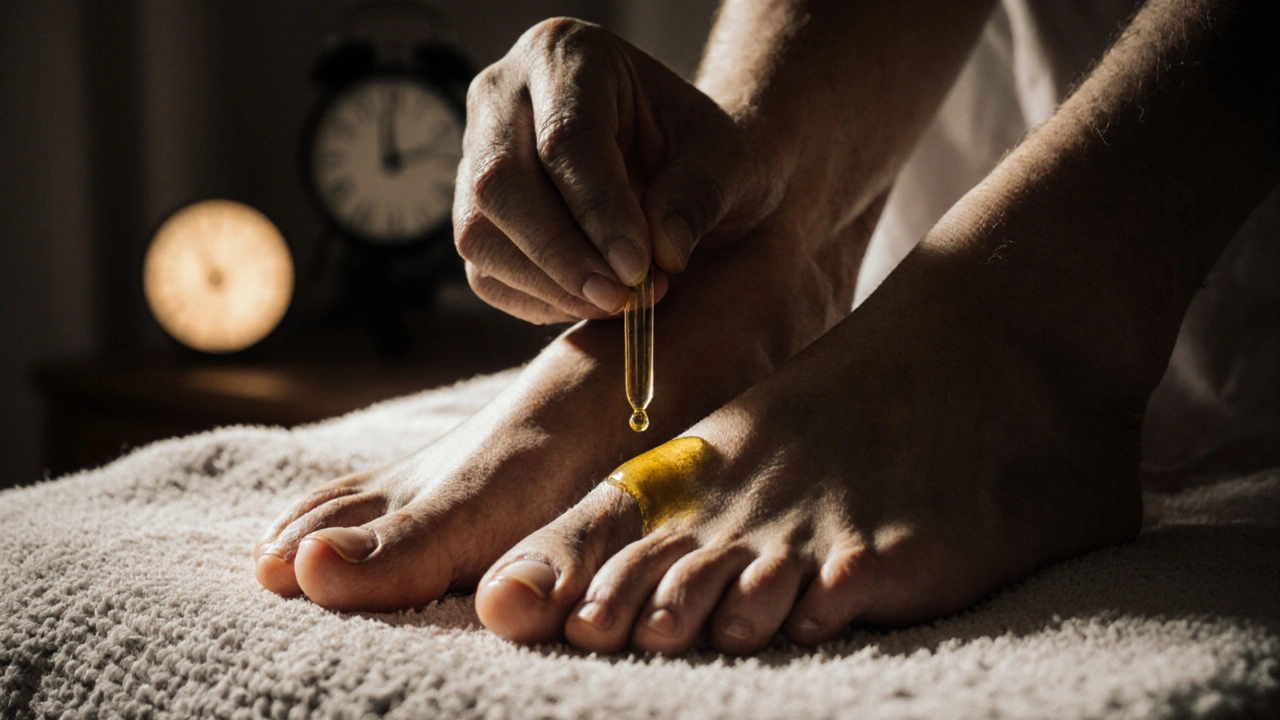 Ruce aplikují teplý olej na chodidla před spaním.