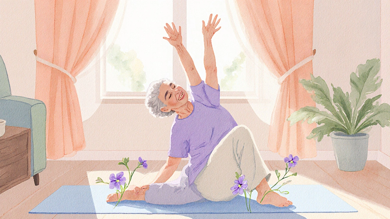 Starší žena provádějící lehké protahování na podložce, okouzlující vodováčná ilustrace.