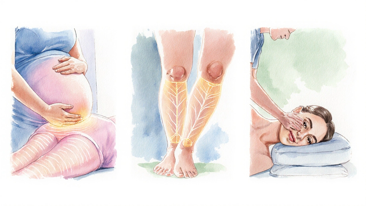 Tři vodové ilustrace: břišní masáž, lymfatický odvod na nohou a masáž pánevního dna.