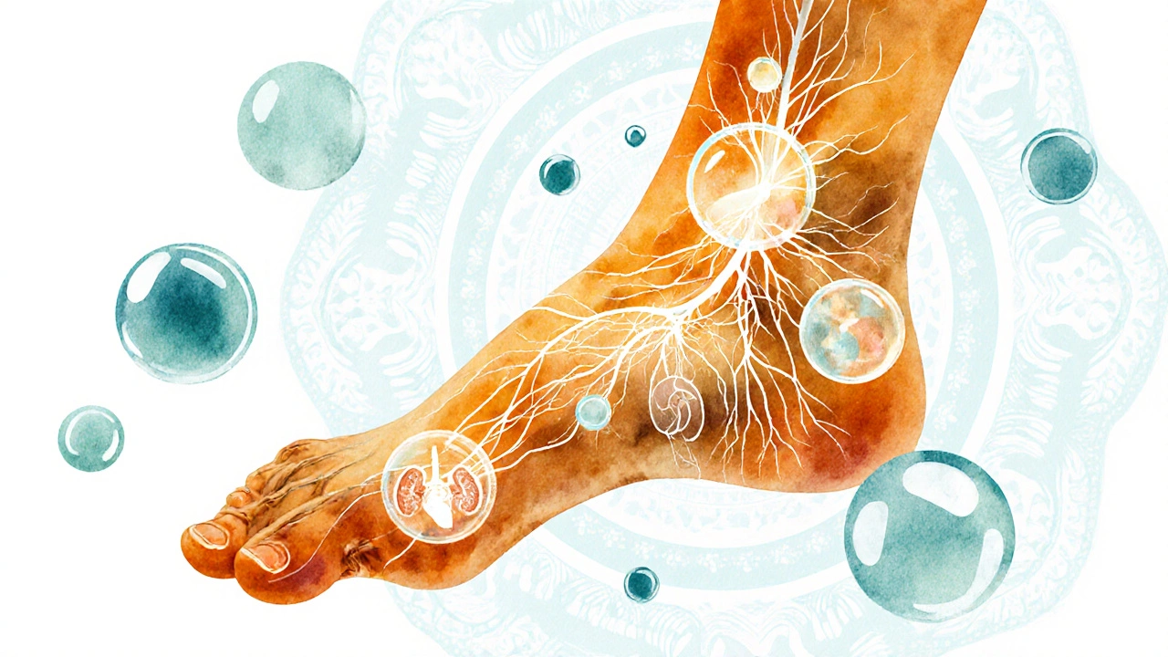 Abstraktní vodová barva ilustrace s mapou nohou a propojenými orgány jako svítícími kruhy.