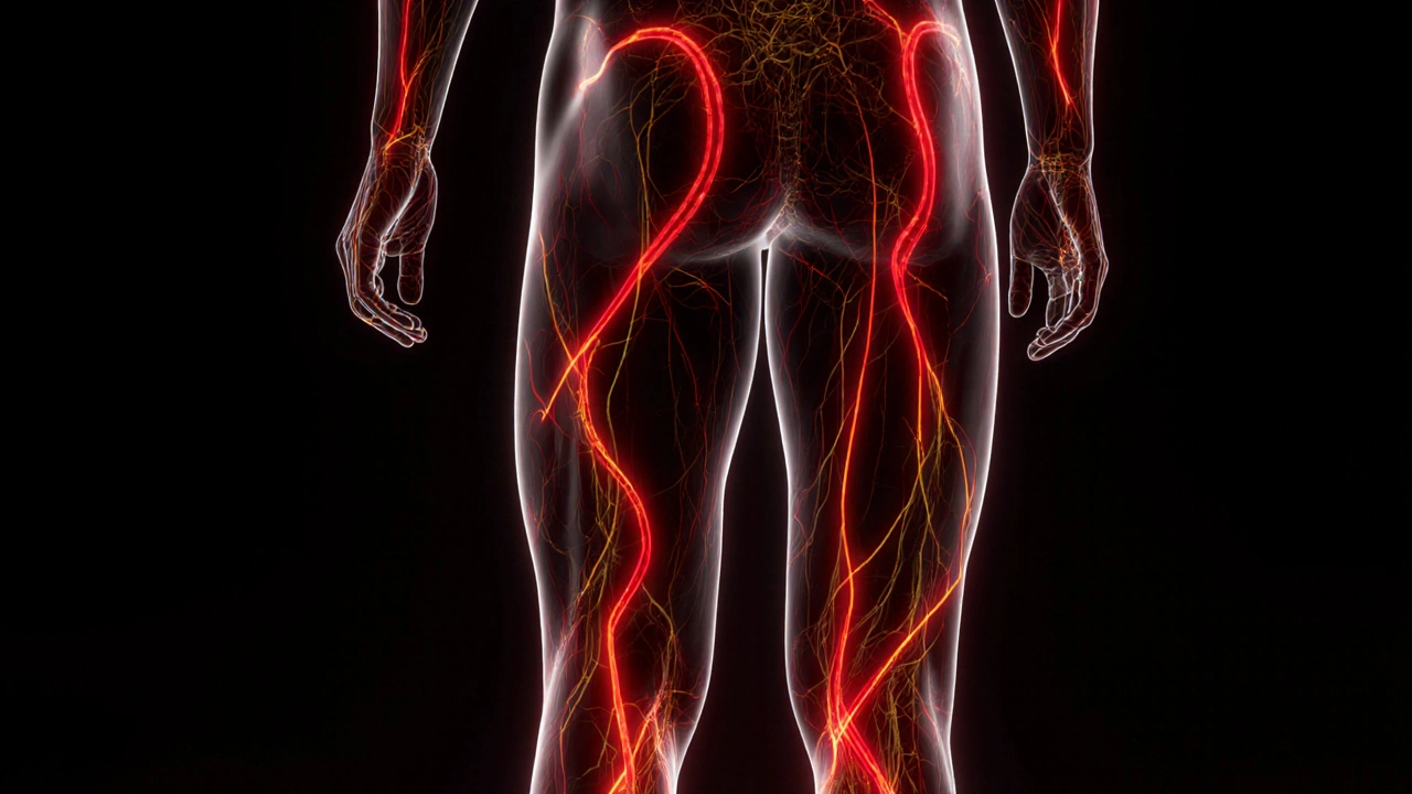 Abstraktní znázornění toku krve jako zlatých a červených čar vycházejících z míst baňkování na těle.