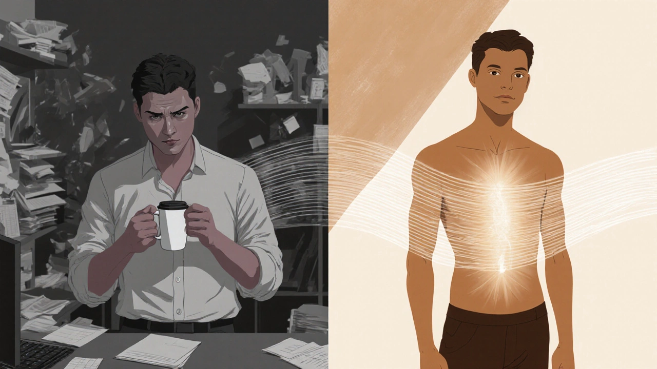 Dva obrazy téže osoby: jedna napjatá v kanceláři, druhá klidná a vyrovnaná v přírodě.