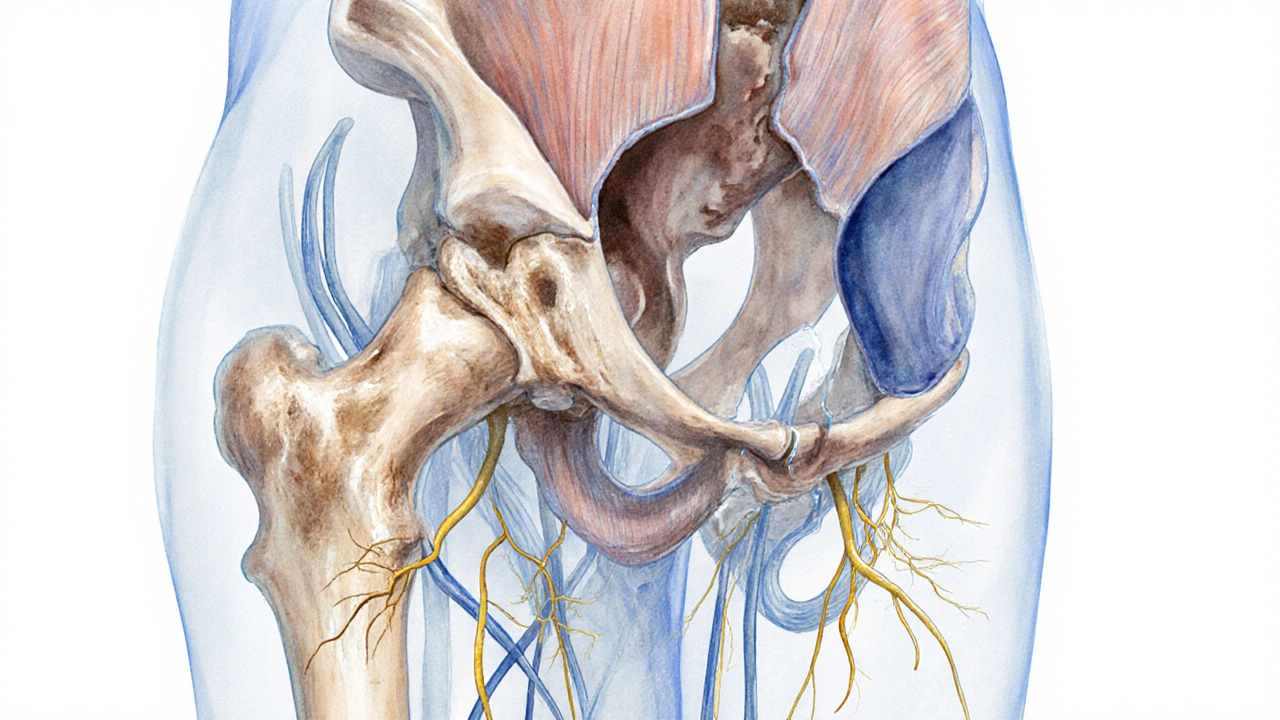 Ilustrace kyčelního kloubu s opotřebovanou chrupavkou a napětím v okolních svalových skupinách.