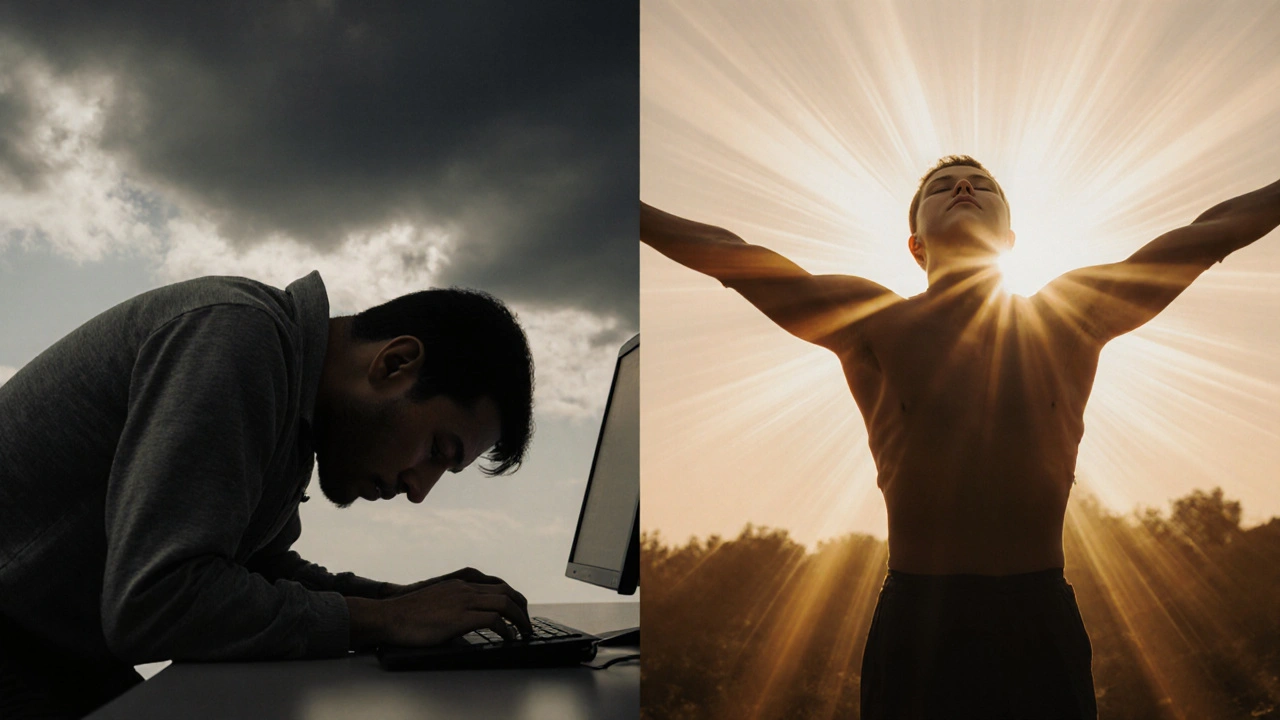 Kontrast mezi vyčerpanou osobou před masáží a uvolněnou osobou po ní, symbolizující obnovu těla a duše.