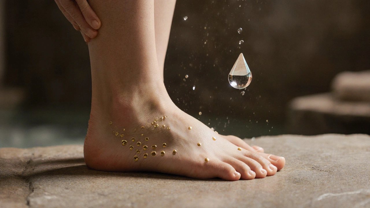 Nahé nohy na kameni s označenými reflexními body a kapek vody, symbolizující obnovu těla.