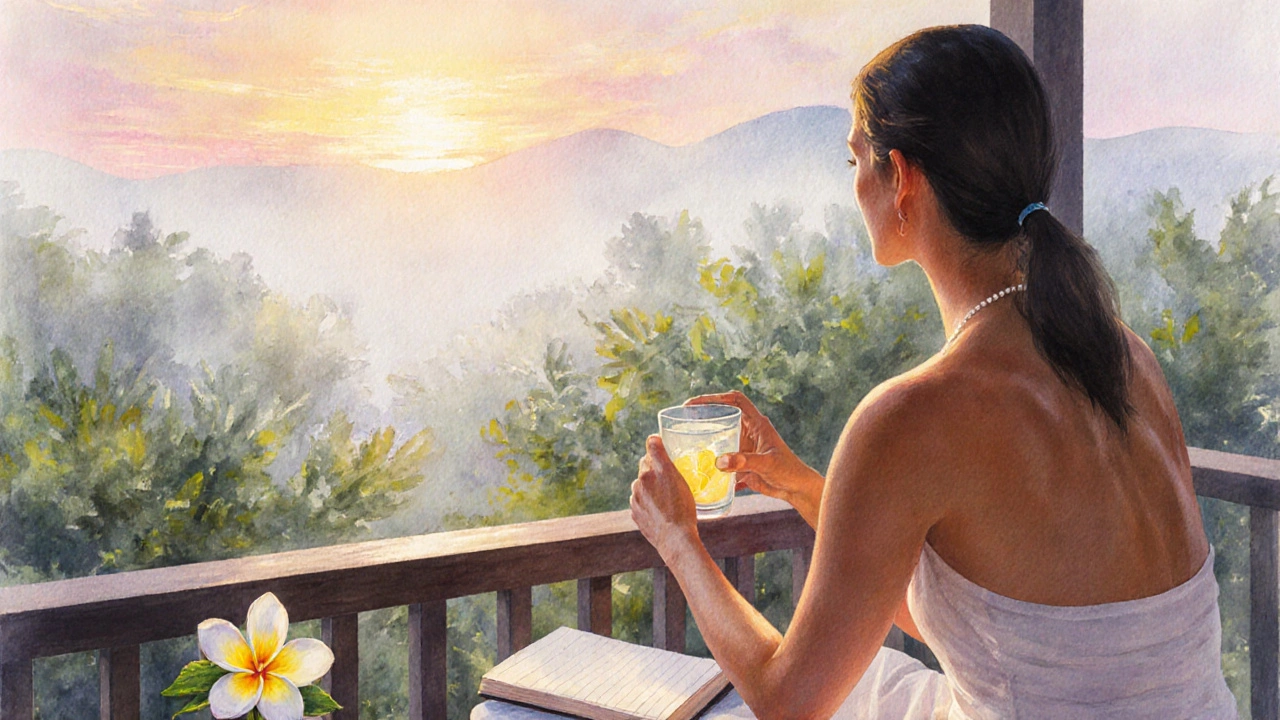 Osoba po seanci Lomi Lomi sedí na balkoně a pije teplou vodu s citronem v klidném ránu.