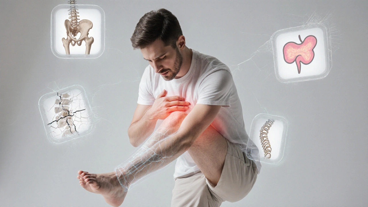 Osoba pomalu zvedá koleno k břichu, pod kůží je vidět poškozený kyčelní kloub.