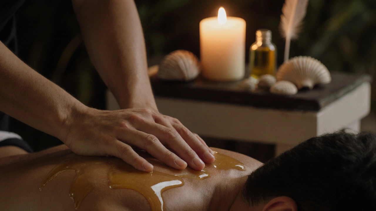 Ruce maséra klouzají po zádech klienta v klidném, světelném prostředí s přírodními prvky.