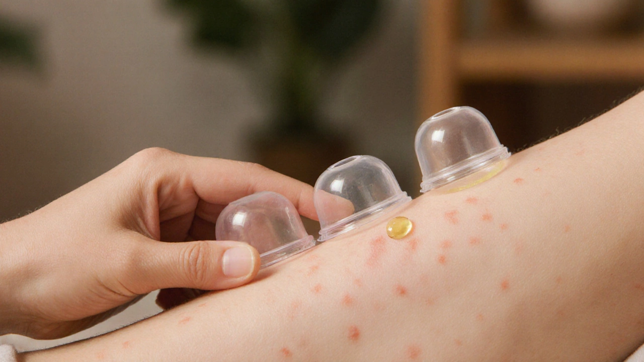 Ruka aplikuje baňkování na lýtko, viditelné lehké červené otisky a kapka oleje na kůži.