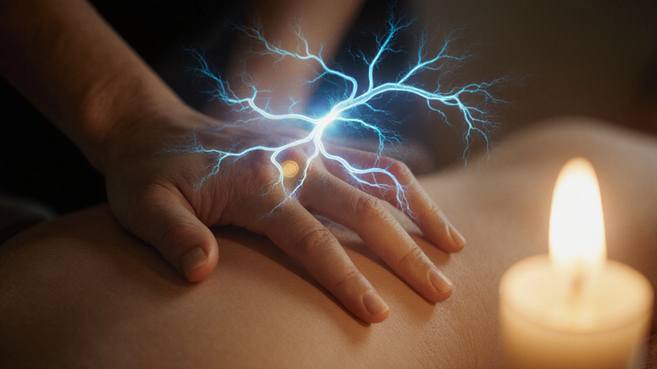 Ruka maséře na břiše během masáže s jemným zářivým zobrazením lymfatického systému.