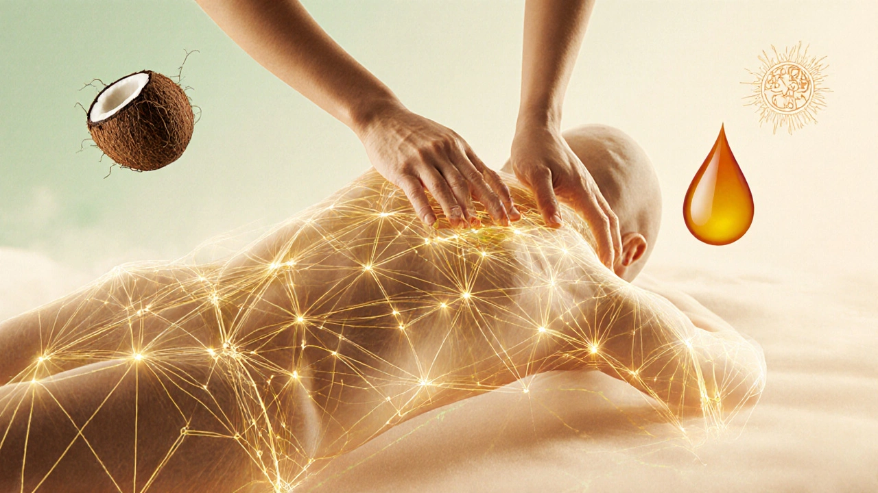 Zobrazuje neviditelnou síť energie (sen) proudící tělem během thajské masáže s přírodními prvky.