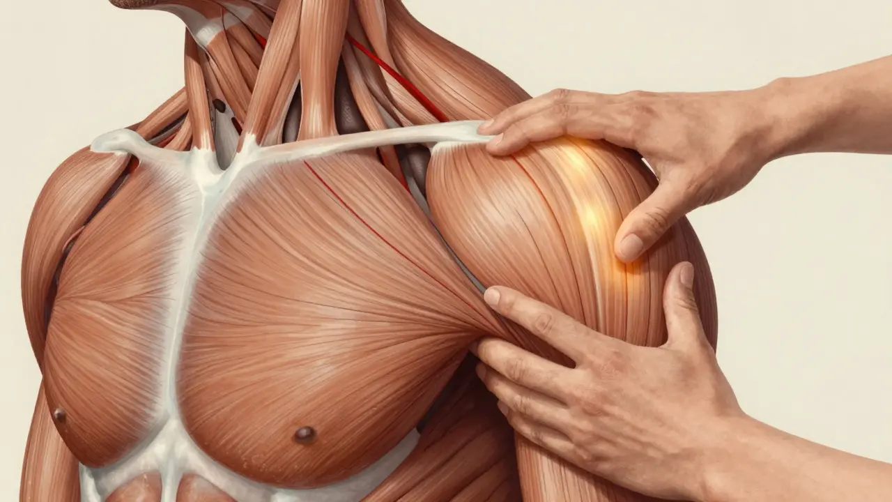 Ilustrace anatomických vrstev ramene s napětím a adhezemi, které masáž uvolňuje.