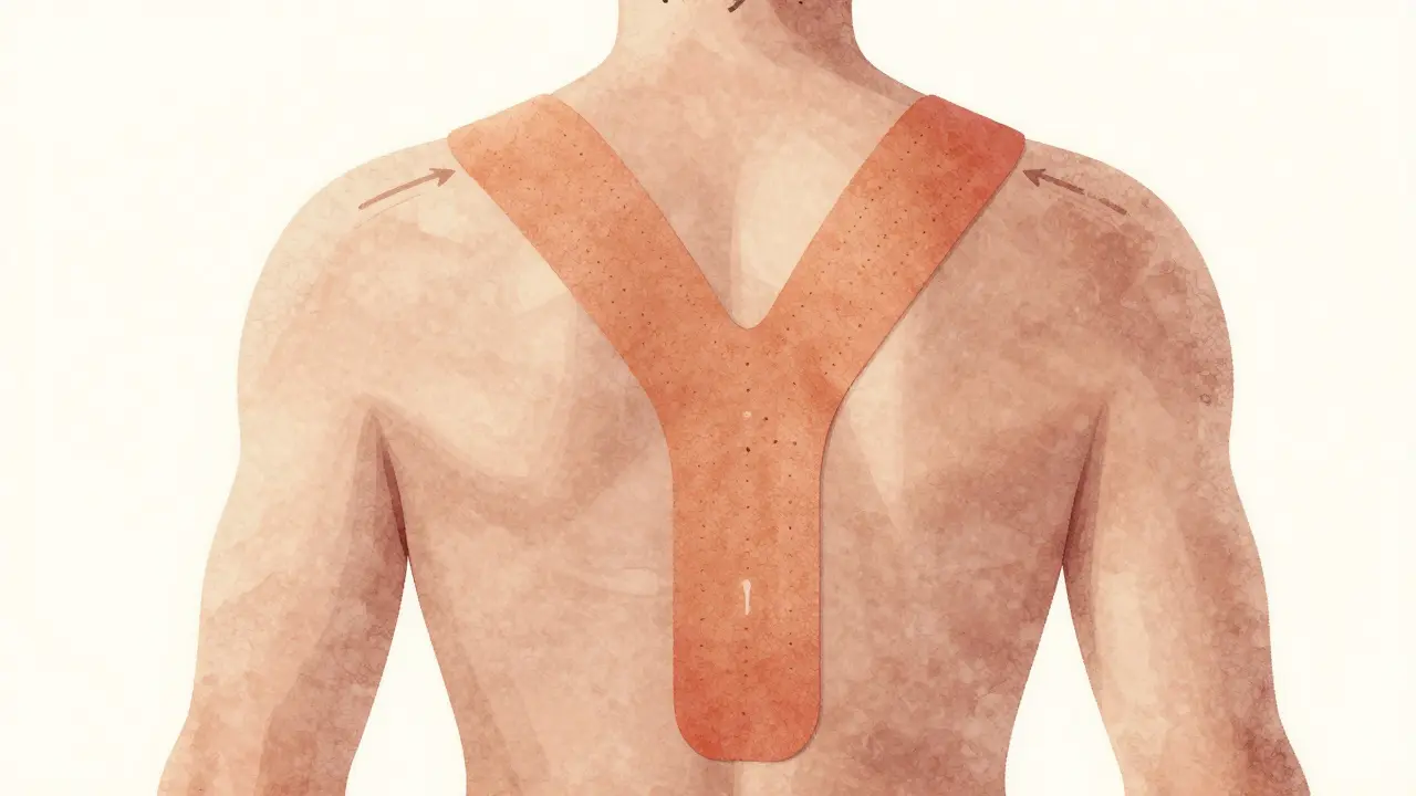 Ilustrace dvou tejpů na zádech ve tvaru I a Y s indikacemi krevního oběhu.