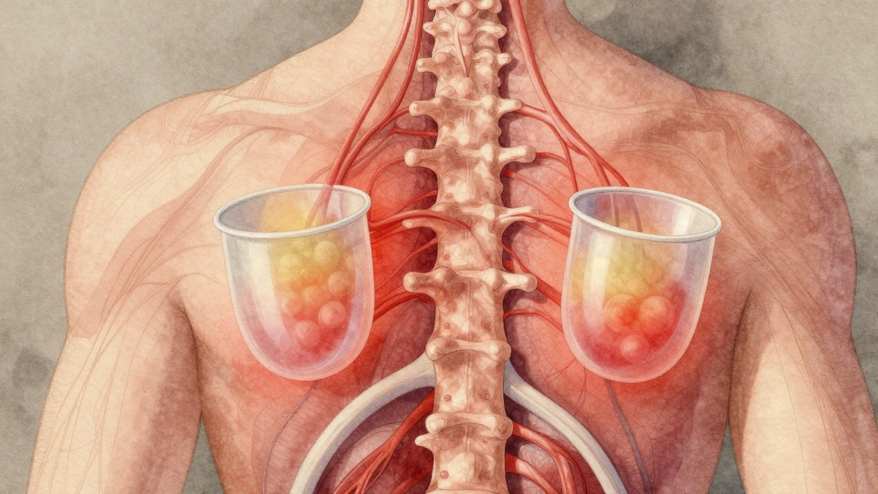 Ilustrace těla s bankami na obou stranách páteře a prouděním krve ve tkáních.