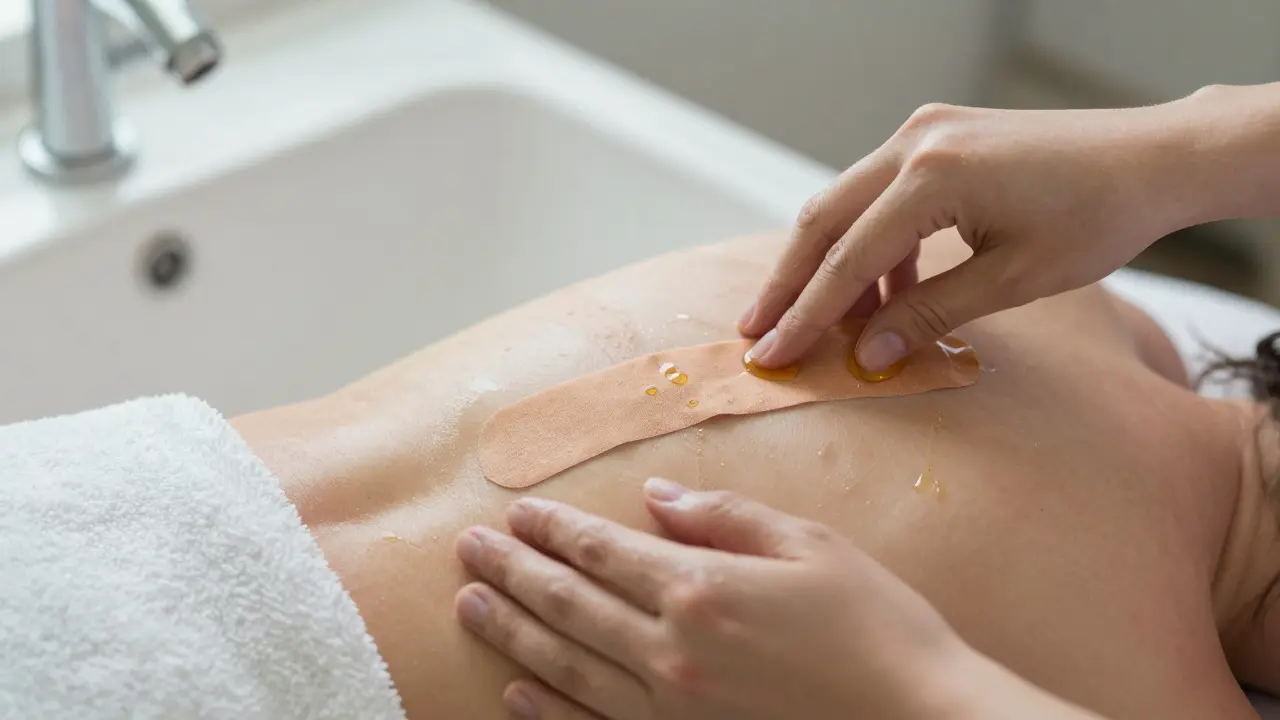 Odstraňování použitého tejpů záda pod teplou vodou s olivovým olejem.