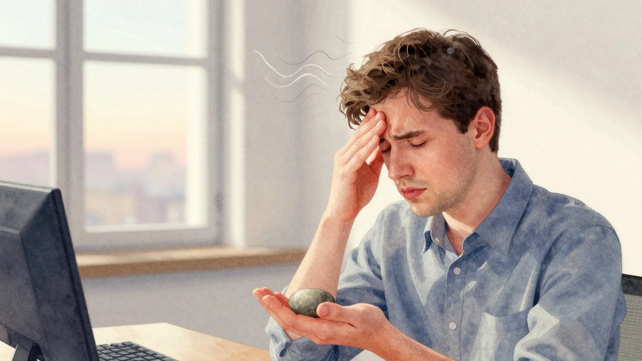 Osoba drží kámen v ruce a masíruje čelo v klidném koutě kanceláře.