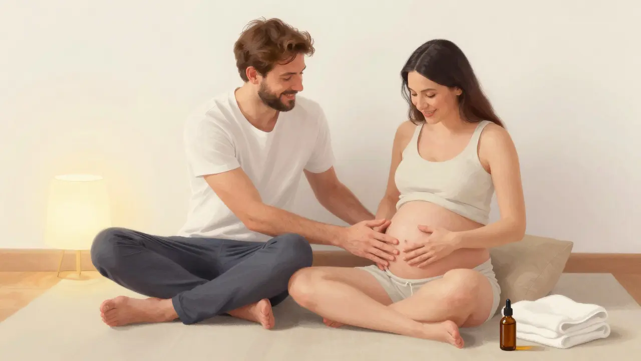 Pár spolu masíruje bříško, projevují spojení a péči v klidném domácím prostředí.
