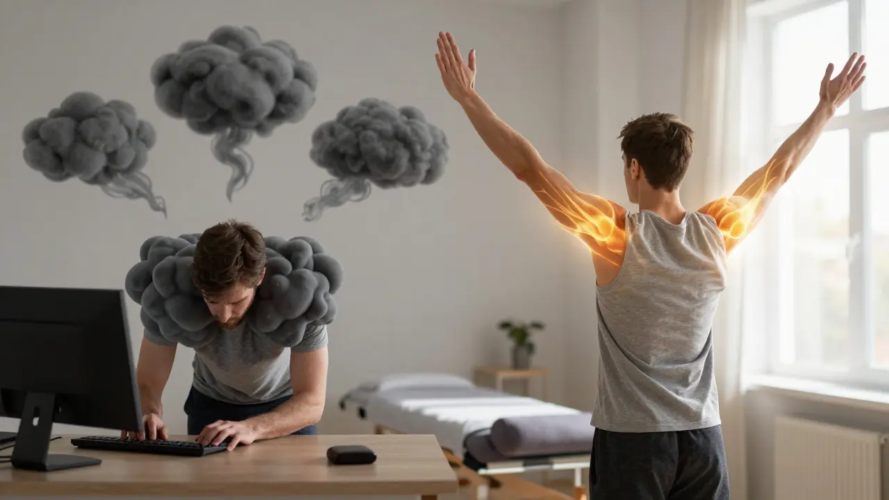 Před a po: těžké, napjaté rameno versus volně pohybující se rameno po masáži.