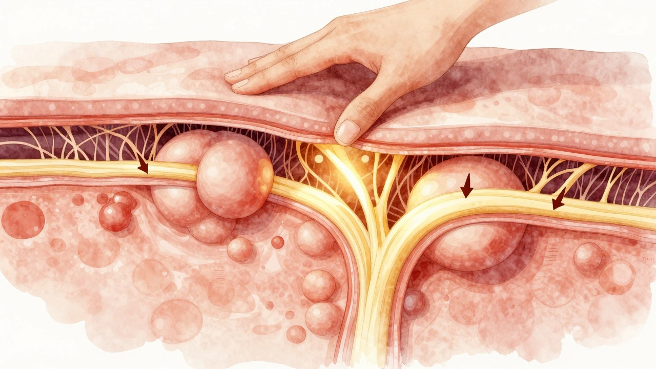Přehled podkožní tkáně s ukázkou zlepšení cirkulace po masáži.