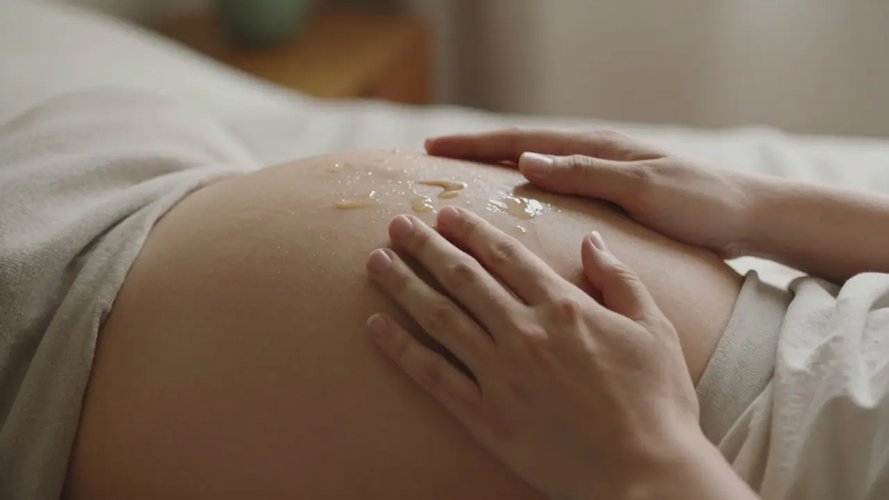 Ruce jemně hladí těhotenské bříško olejem, zdůrazňují pružnost kůže a teplý dotek.