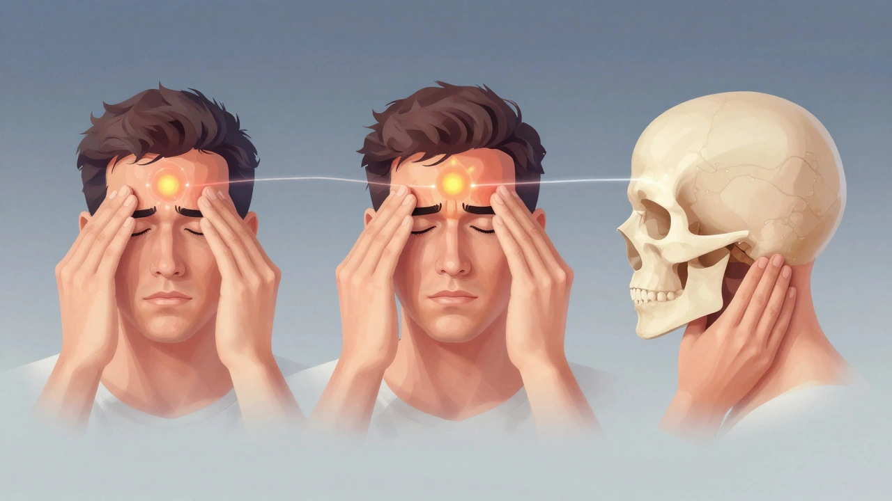 Ruce tlačí na tři klíčové body pro úlevu od migreny: mezi obočím, na templech a u základu lebky.