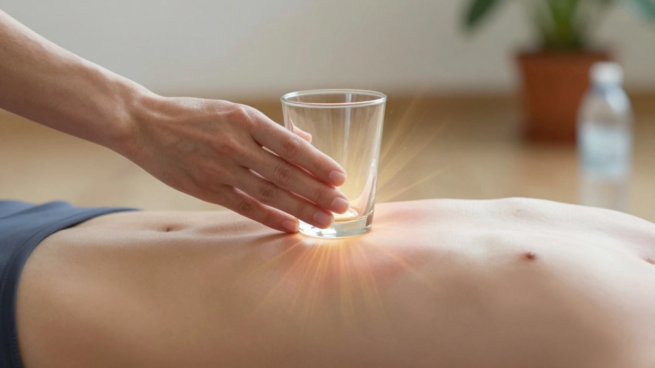 Ruka pohybuje bankou v bederní oblasti s jemným zářivým efektem uvolnění tkáně.