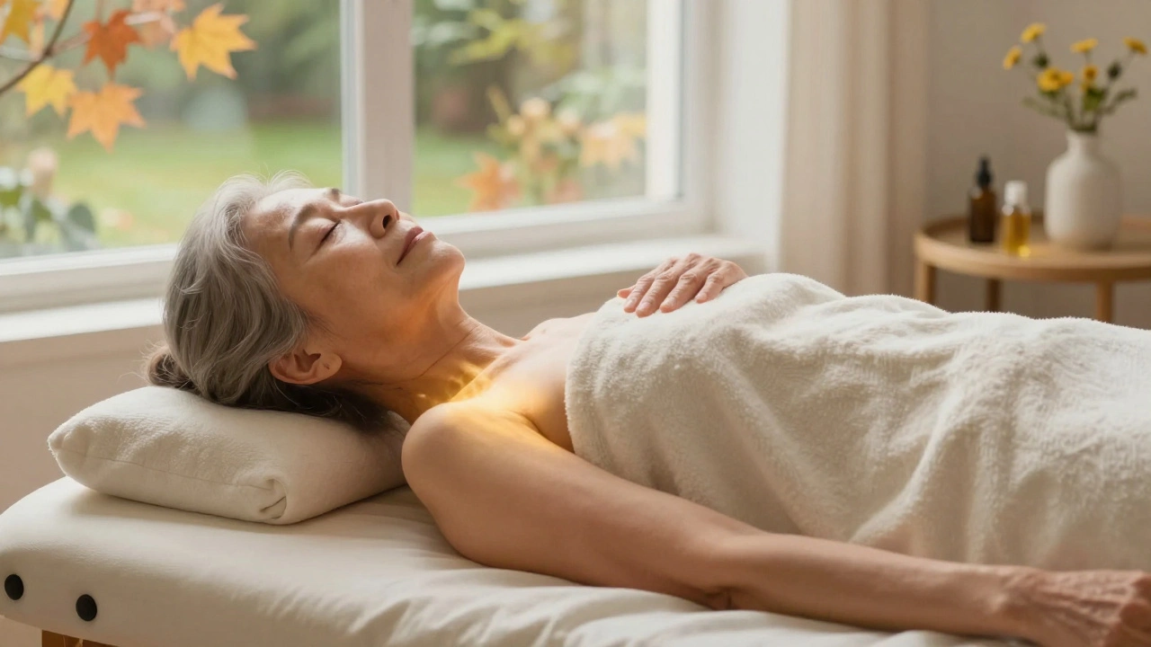 Starší žena odpočívá po aromaterapeutické masáži, pokrytá dekou, s náznakem zlepšeného krevního oběhu.