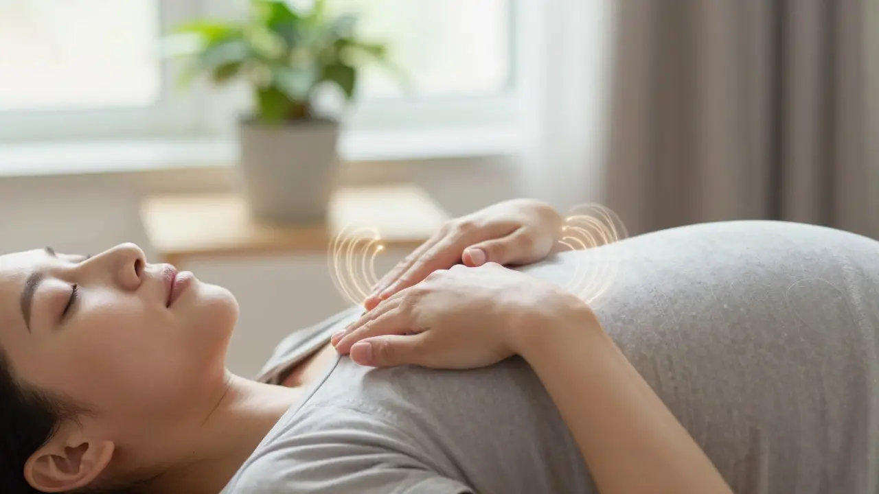 Těhotná žena zavřela oči, ruce klidně leží na klíně, kolem nich se zdají být vlny uvolnění energie.