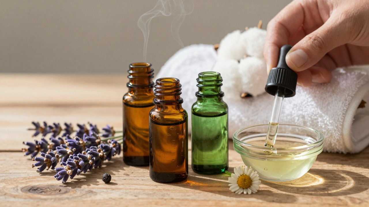 Tři esenciální oleje — lavandule, černý pepř a bergamot — s kapkáčem a nosičovým olejem na dřevěném povrchu.