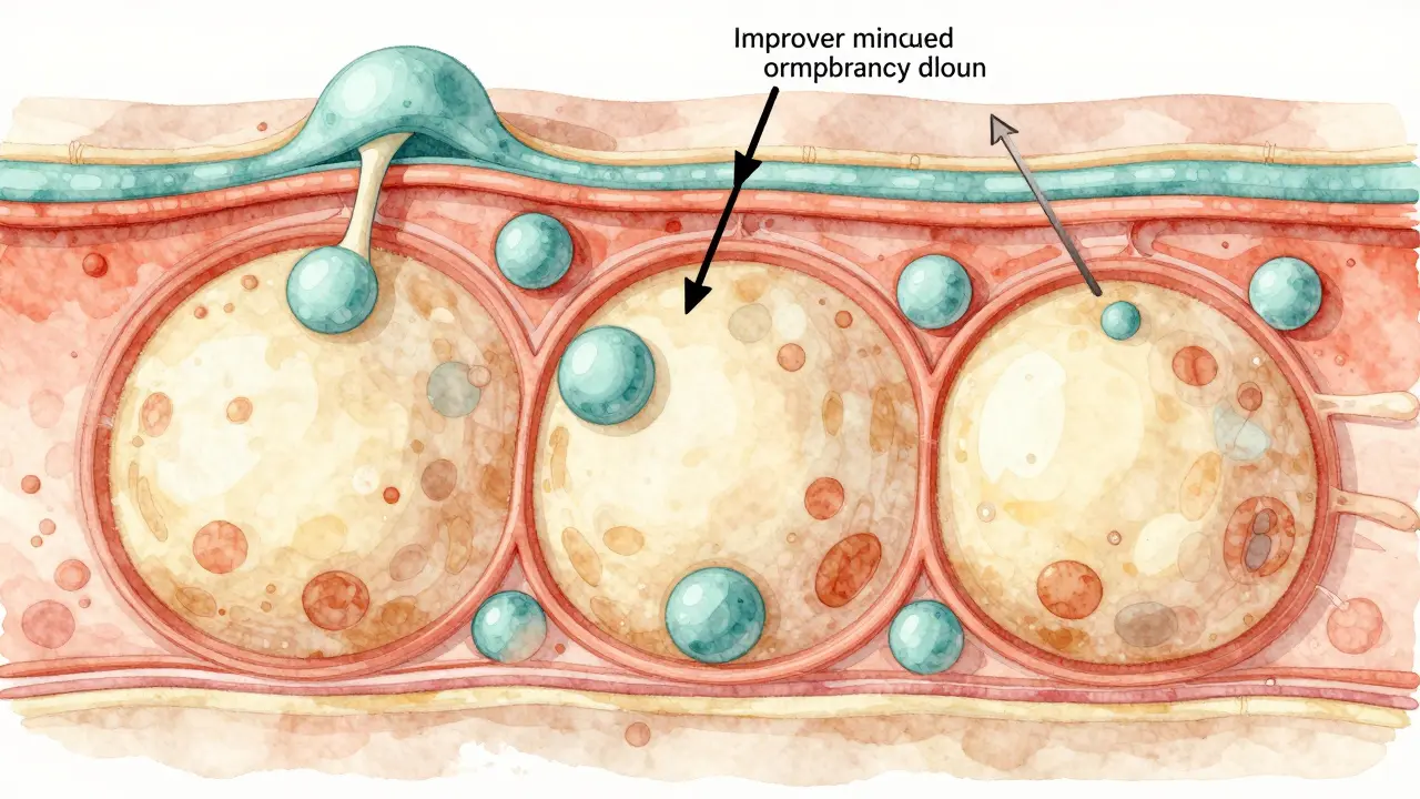 Uvnitř pokožky viditelná struktura celulitidy: tukové buňky tlačí na ztuhlou pojivovou tkáň, vytvářejí vrásky.