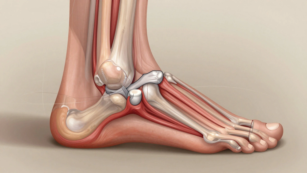 Vnitřní anatomie nohy s viditelným výrůstkem patní kosti a zánětem plantární fascie.