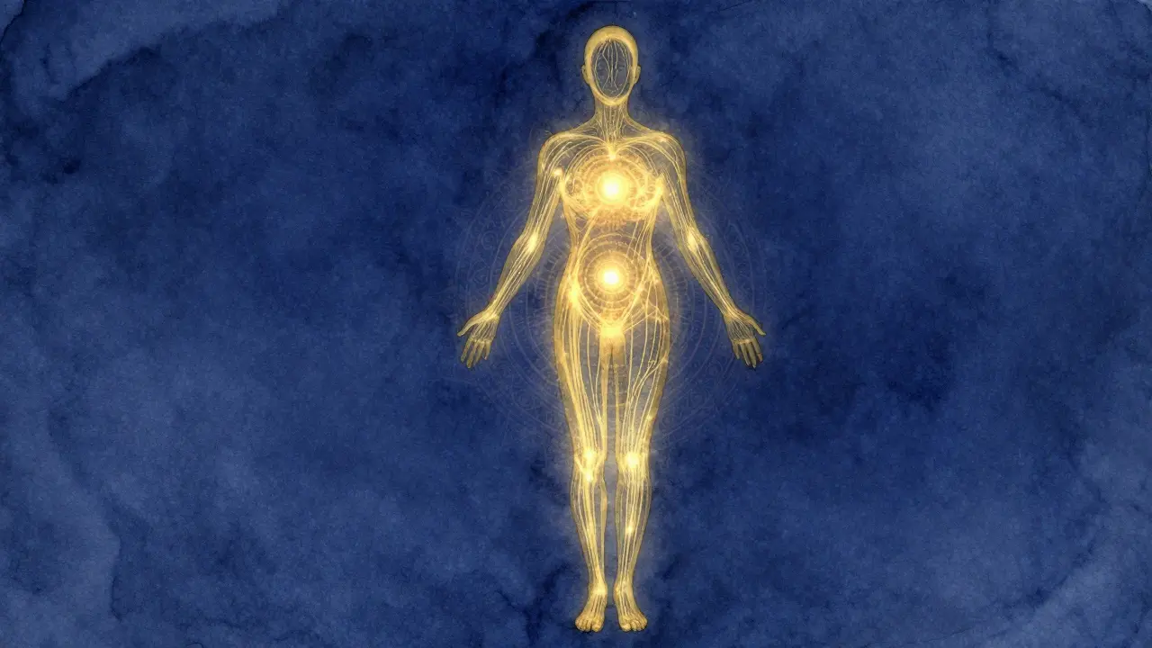 Abstraktní silueta těla s vyzařujícími zlatými energetickými proudy, symbolizujícími tantrické probuzení.