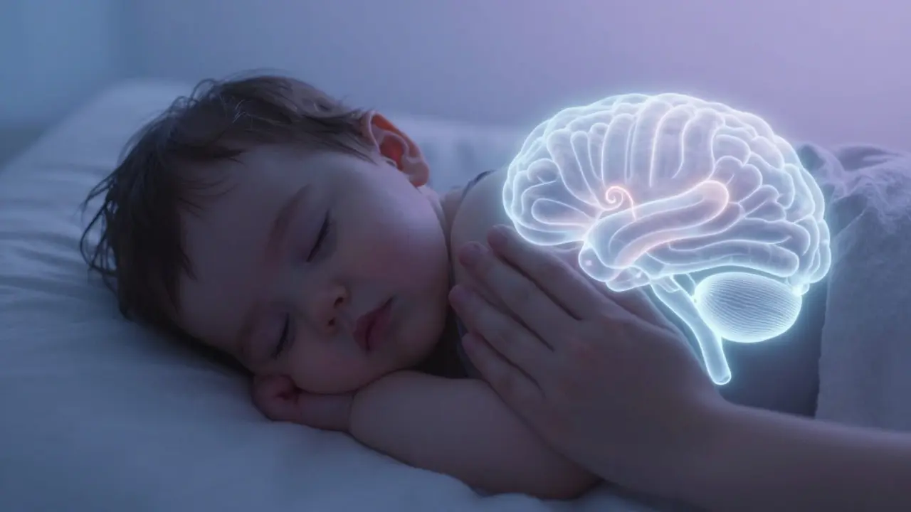 Dítě spí klidně, kolem něj se vynořují světelné vlny symbolizující klid a úlevu od bolesti.