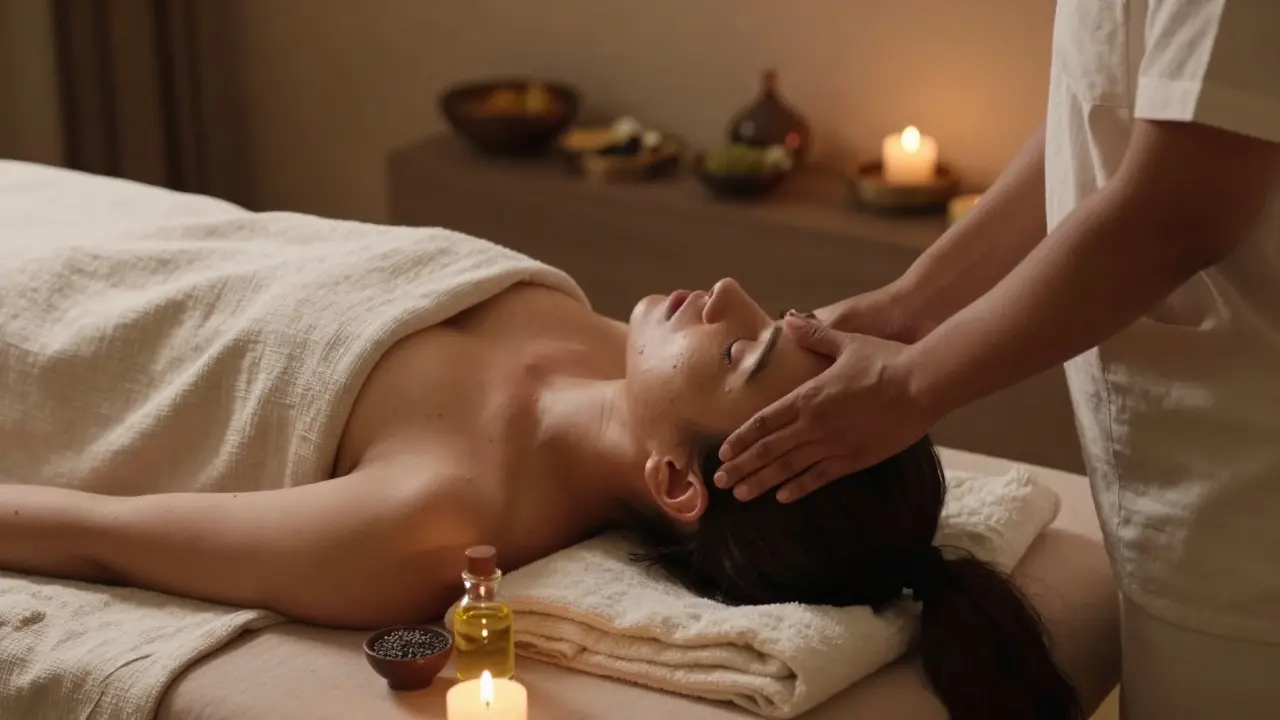 Odborník provádí ayurvédskou masáž hlavy a krku klientovi na nízkém lůžku s přírodními textiliemi a svíčkami.