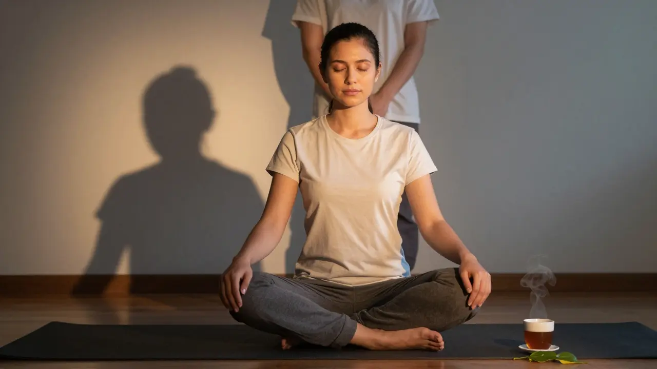 Osoba sedí v klidné pozici ráno, vystavená jemnému světlu, symbolizující klid po masáži.