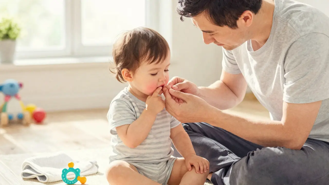 Otec masíruje dítěti dásně během dne, dítě přitom žvýká jeho prst.