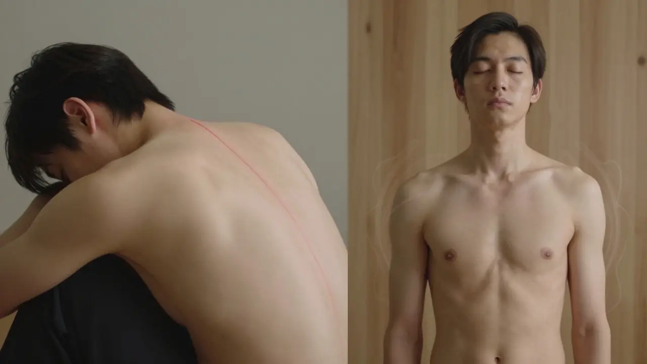 Před a po: zkřivená postava naproti vyrovnané, s jemným působením na páteř.