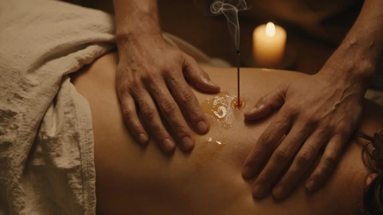 Ruce jemně dotýkající se břicha a stehna ve světle svíček, s olejem lesknuícím na kůži.