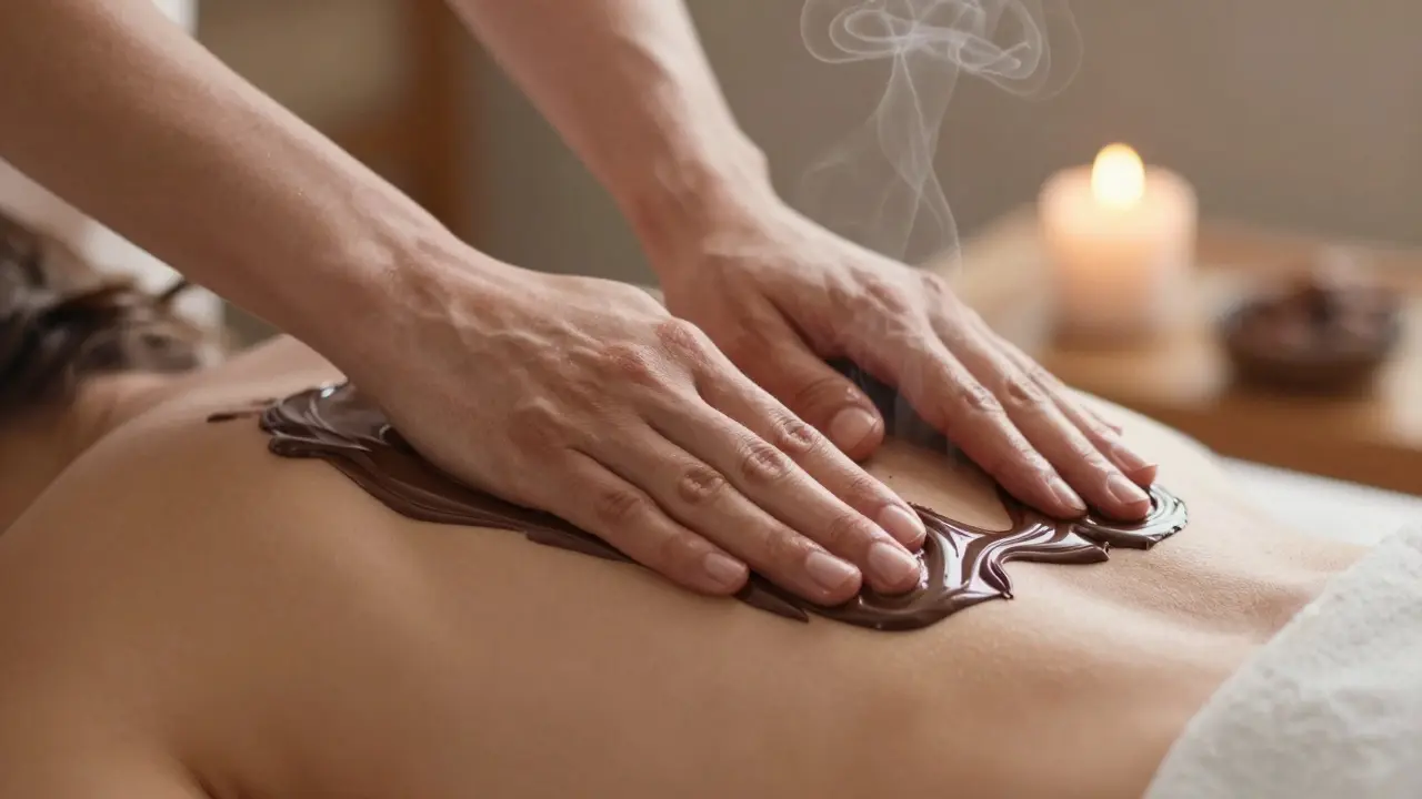 Ruce masírují záda teplou čokoládou, která leskne kůži, ve výrazném detailu s jemným parou a svíčkami na pozadí.