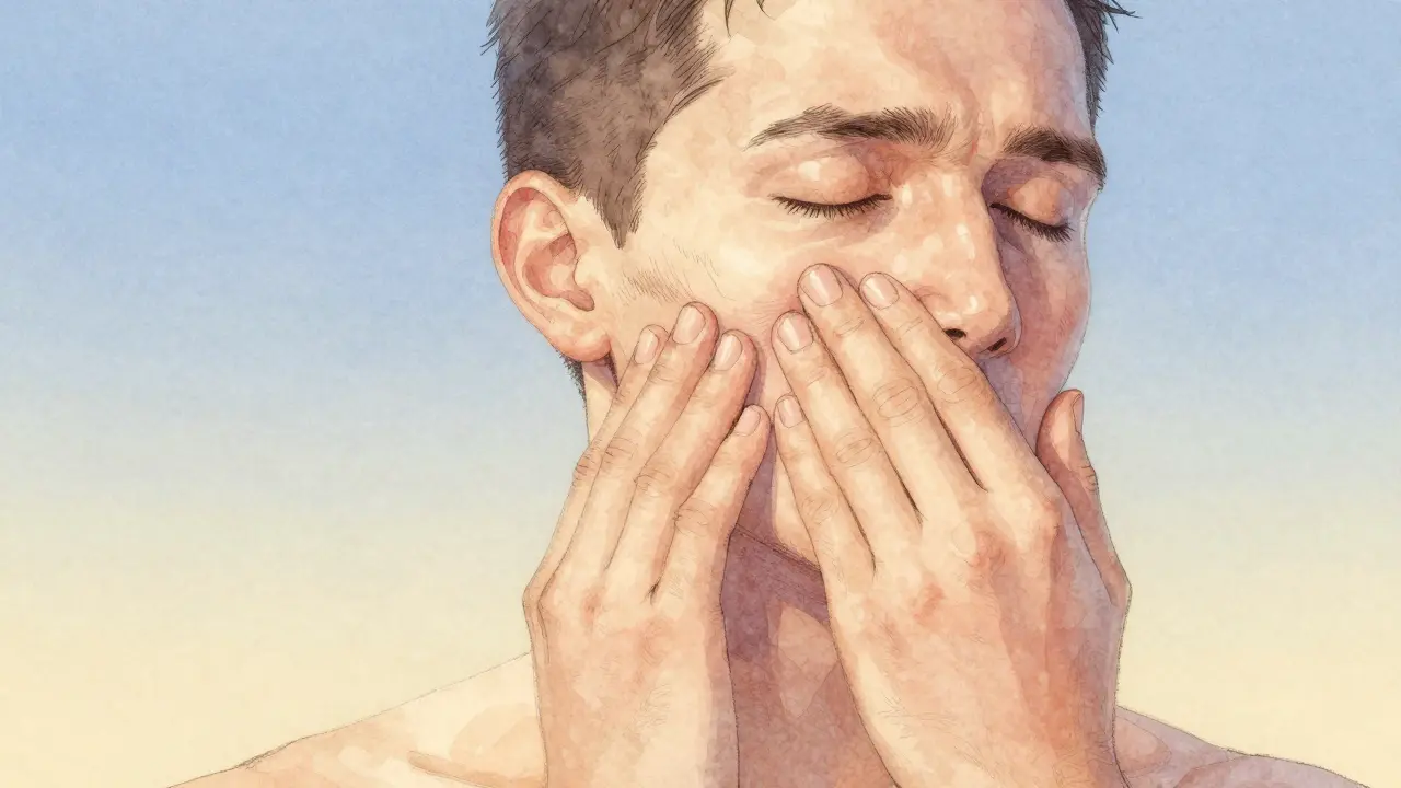 Ruce pracují na čelisti, kde se napětí mění v uvolnění, pozadí v odstínech večerního světla.