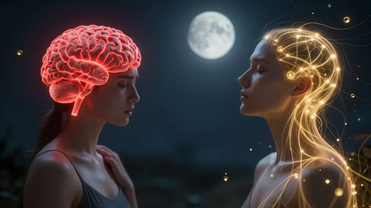 Symbolický obraz přechodu ze stresu k klidu: napjatý mozek se mění v klidnou, zlatou energii spojenou s obnovou.