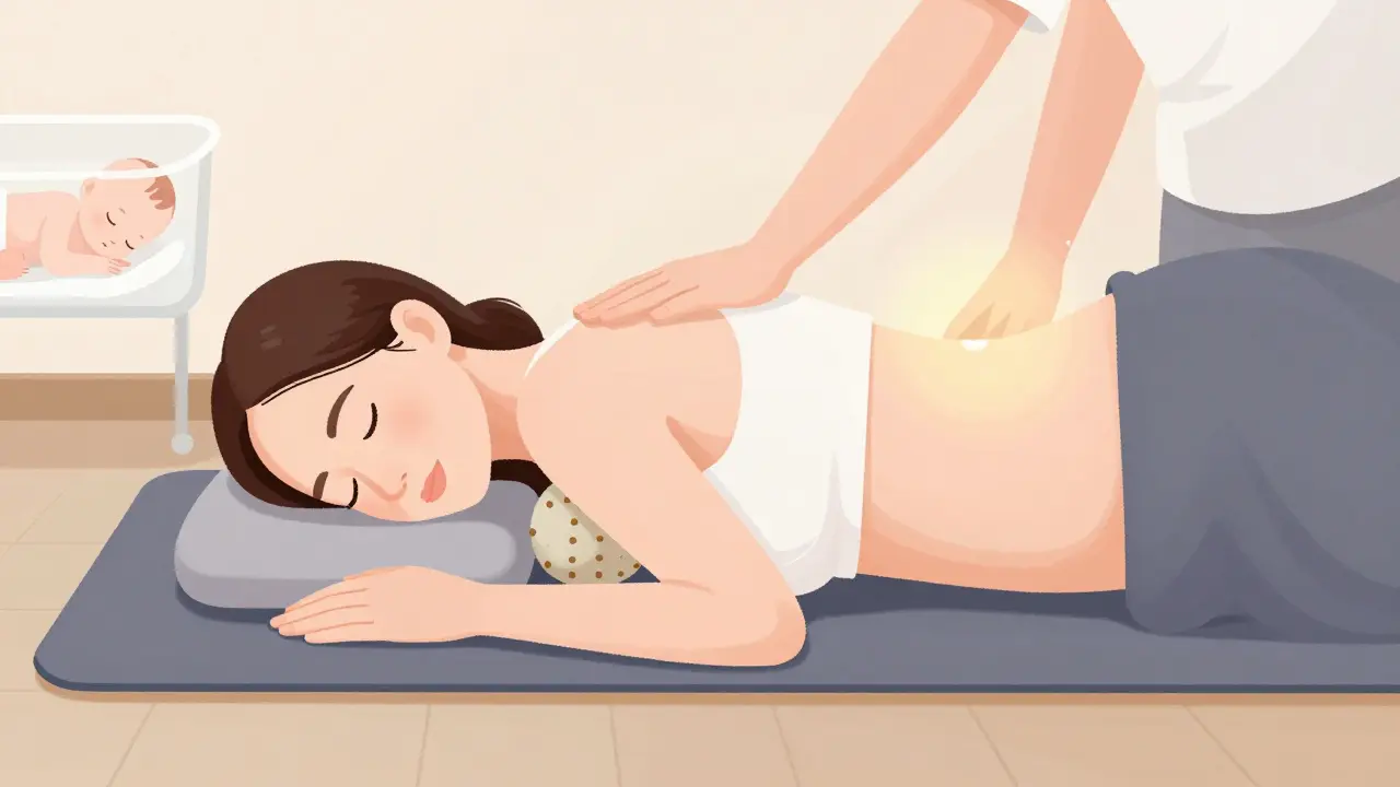 Žena používá masážní kouli na záda, opřená o zeď, s partnerem vedle sebe.