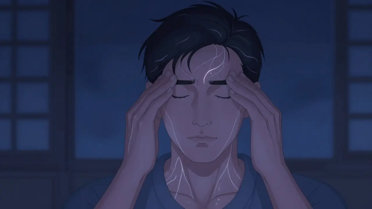 Osoba tlačí na body mezi obočím a zátylkem v klidné místnosti.