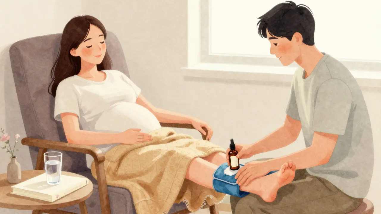 Pár společně masíruje nohy těhotné ženy v domácím prostředí, ukazujíce emocionální spojení.