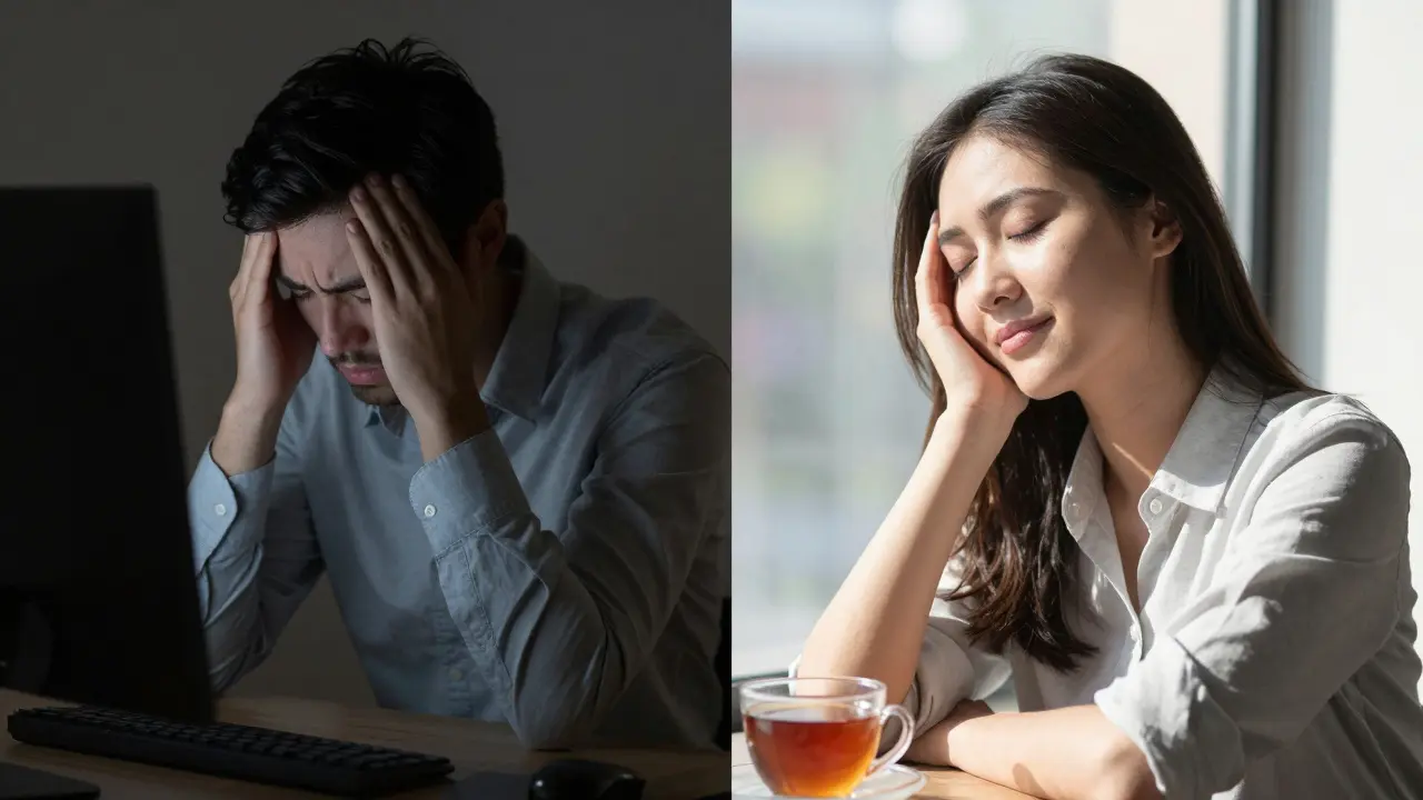 Před a po: muž v bolesti u počítače a stejný muž v klidu a úlevě při slunečním světle.