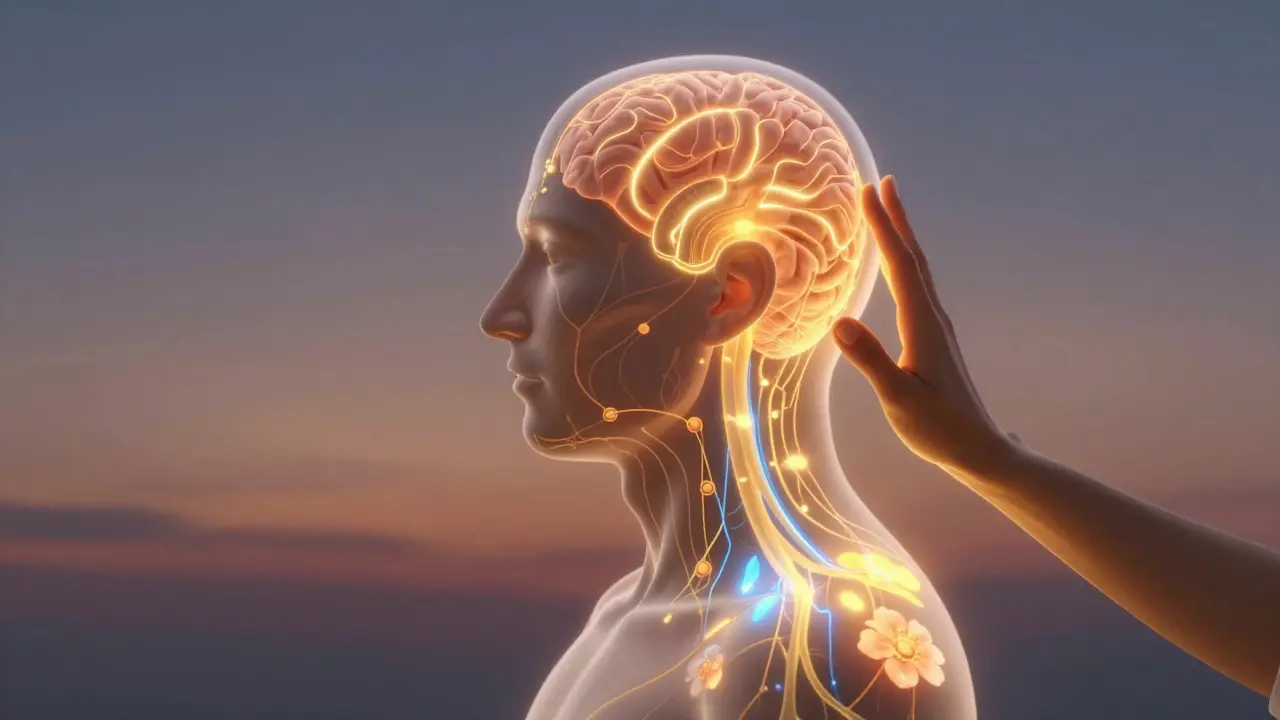 Průřez hlavou ukazující tok energie během indické masáže hlavy, s viditelnými nervovými cestami a hormony pohody.