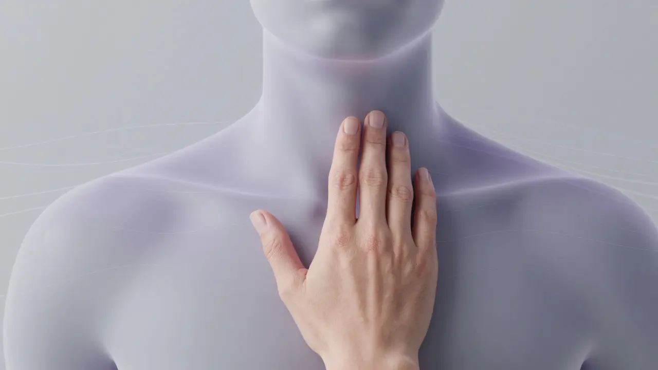 Ruka tlačí na bod na konci klíční kosti s přehledem svalů.